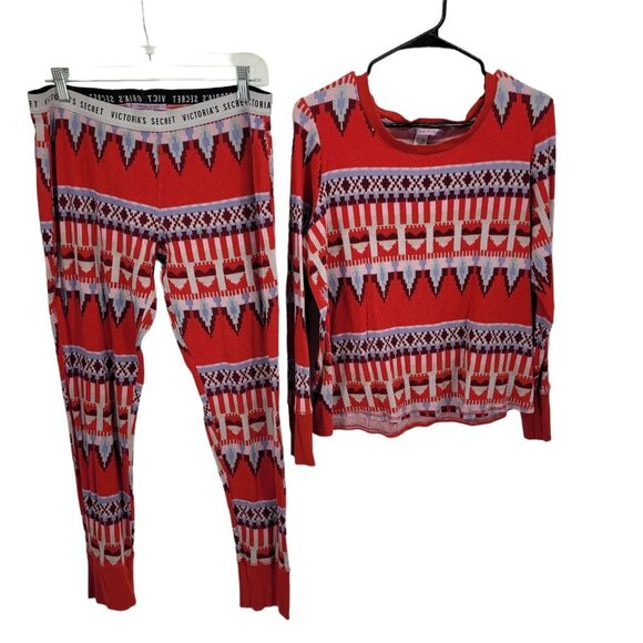 Victorias secret womens large fireside red fair isle thermal pajama set